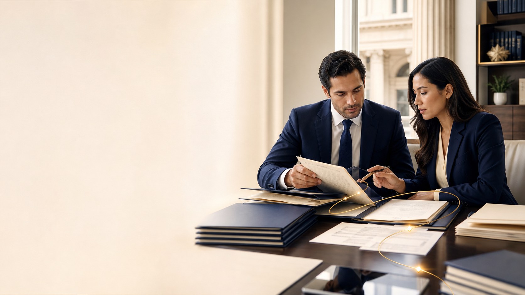 Two immigration attorneys reviewing a case file in a calm daylight office